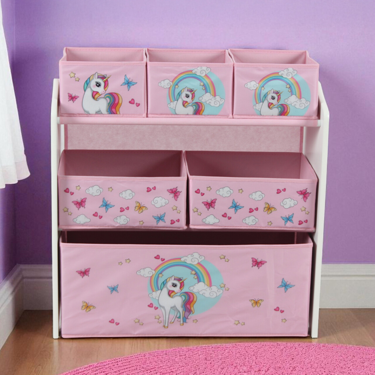Organizator jucarii / mobilier camera copilului Unicorns, U-Grow, 63x30x60 cm, lemn de pin/textil, roz - imagine 6